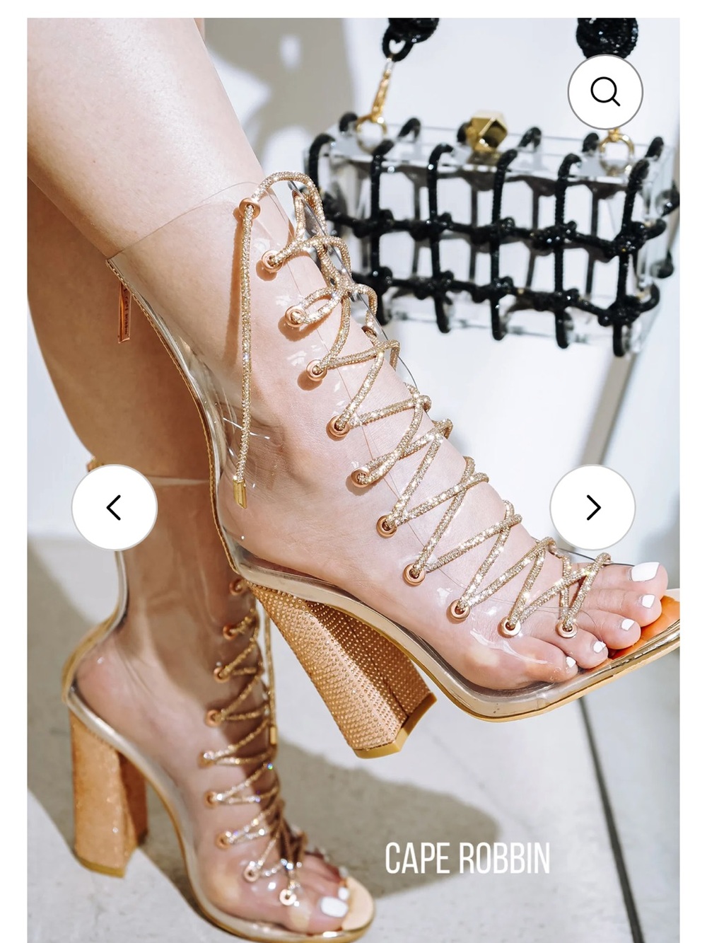 Cape Robbin Rose Gold Clear Lace-Up Block Heel Sandals